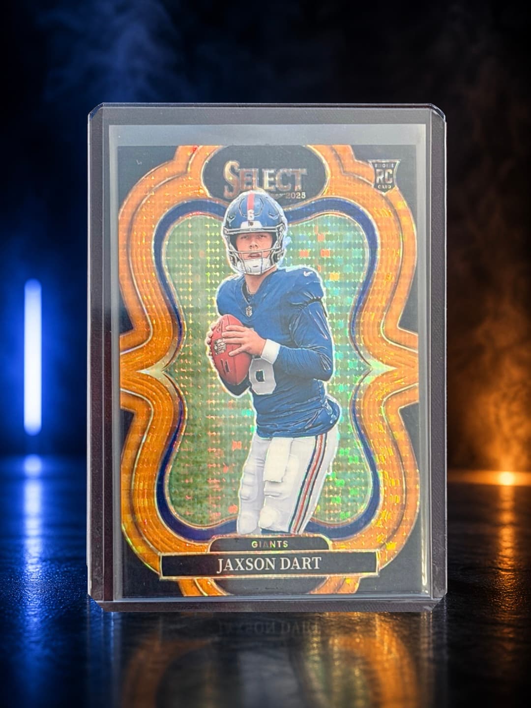 Jaxson Dart rookie trading card in the Hobby Intel studio