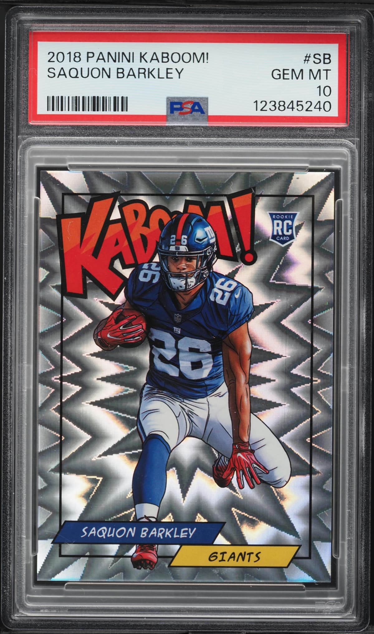 2018 Panini Kaboom Saquon Barkley rookie card in a New York Giants uniform graded PSA Gem Mint 10